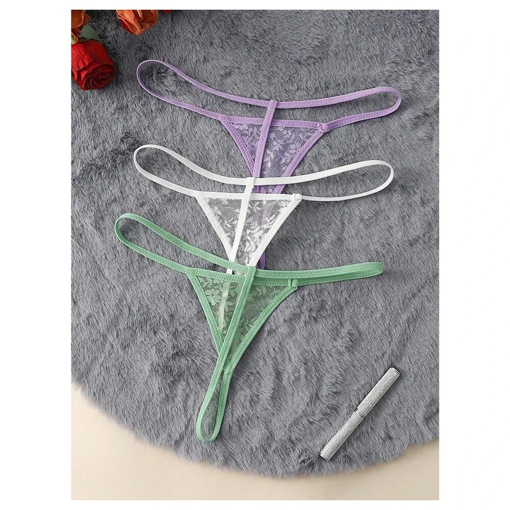 SOLY HUX Women's 3 Piece Lace Thongs Panties Underwear Low Rise Panty Set Purple